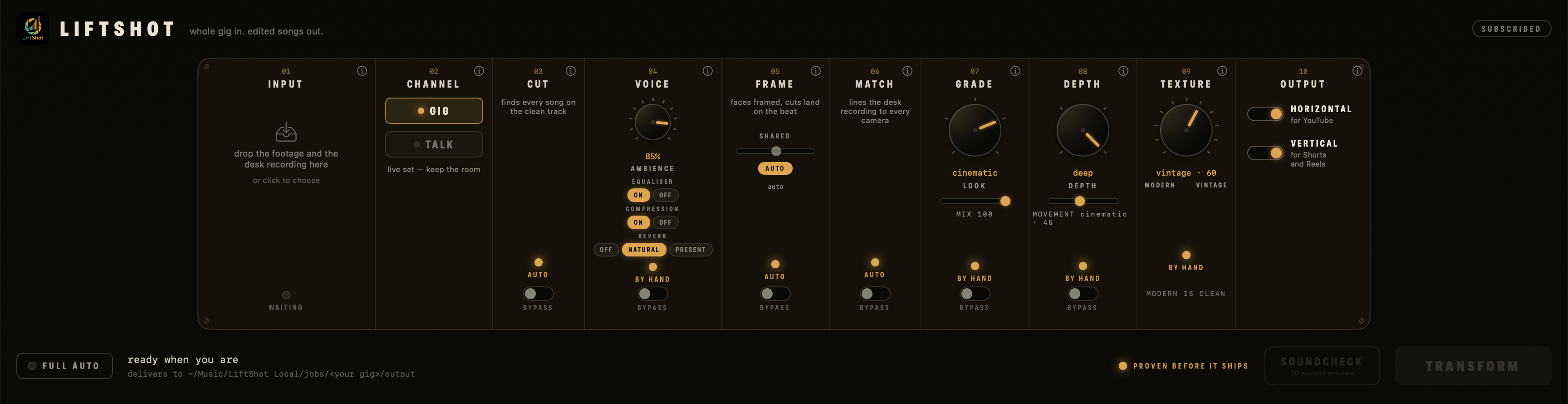 The LiftShot desktop app — a dark amp-style faceplate with ten numbered stages from INPUT to OUTPUT, amber lamps, and a TRANSFORM button