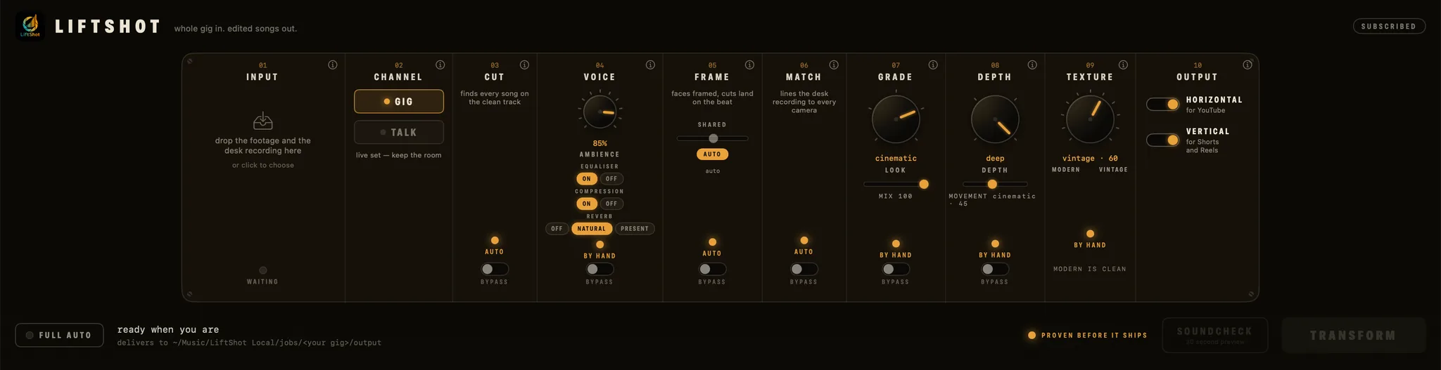 The LiftShot desktop app — a dark amp-style faceplate with ten numbered stages from INPUT to OUTPUT, amber lamps, and a TRANSFORM button